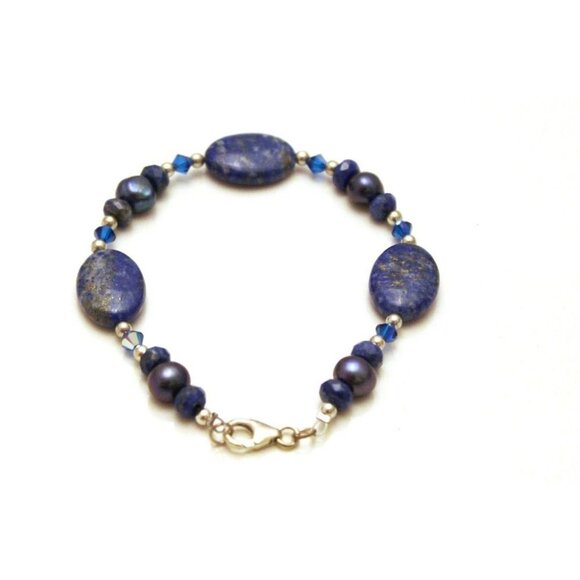 Handcrafted Lapis Lazuli Gemstone Bracelet & Earring Set With Sterling Silver - Picture 8 of 10